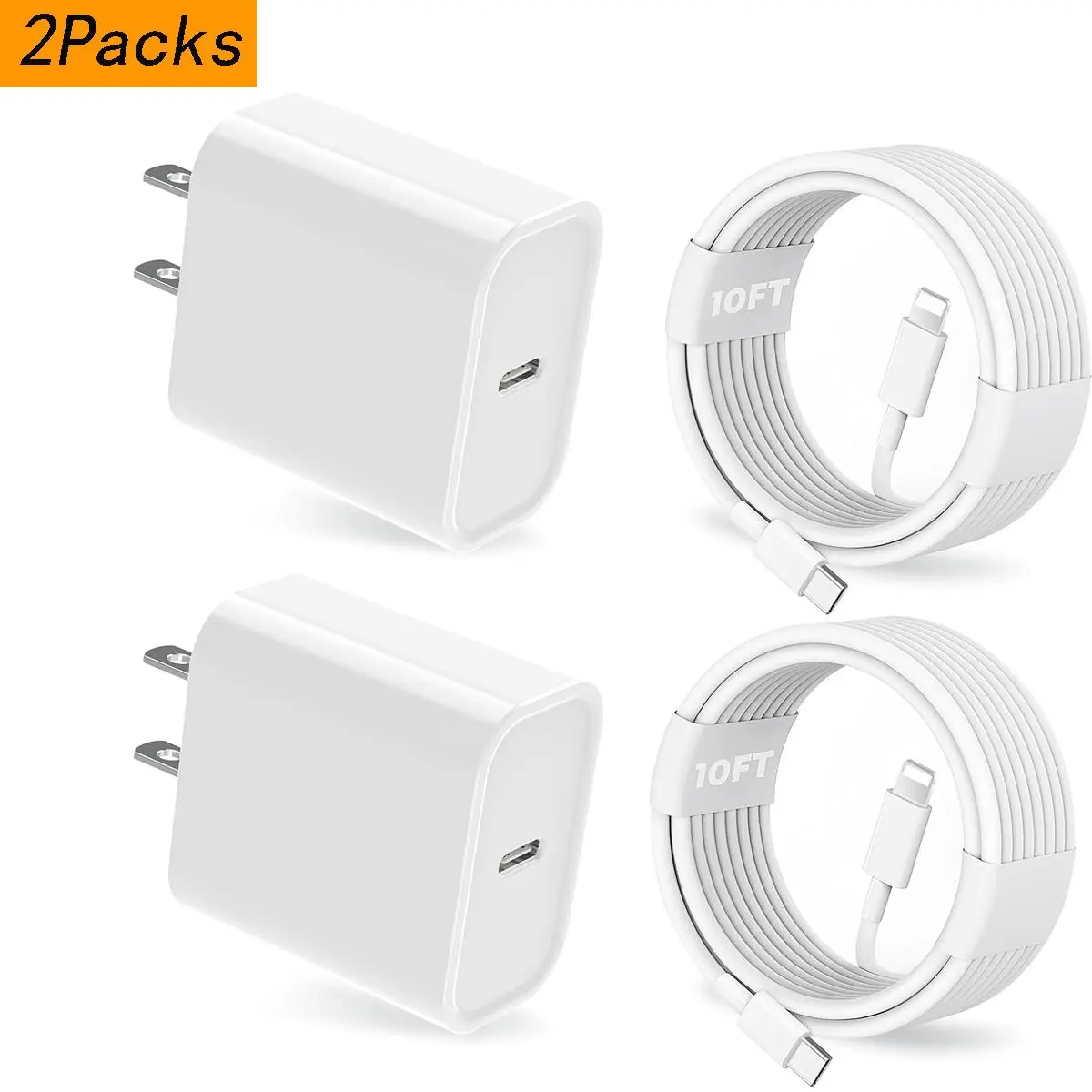 10FT/6FT 2 Pack 20W PD USB C Wall Fast Charger Adapter with 2 Pack 10FT Long Type C to Lightning Cable Compatible for iPhone 14 13 12 11  XR XS X,iPad Charging Port