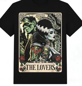 Frankenstein & Bride The Lovers Tarot Card T-Shirt | 100% Cotton Gothic Monster Couple Tee