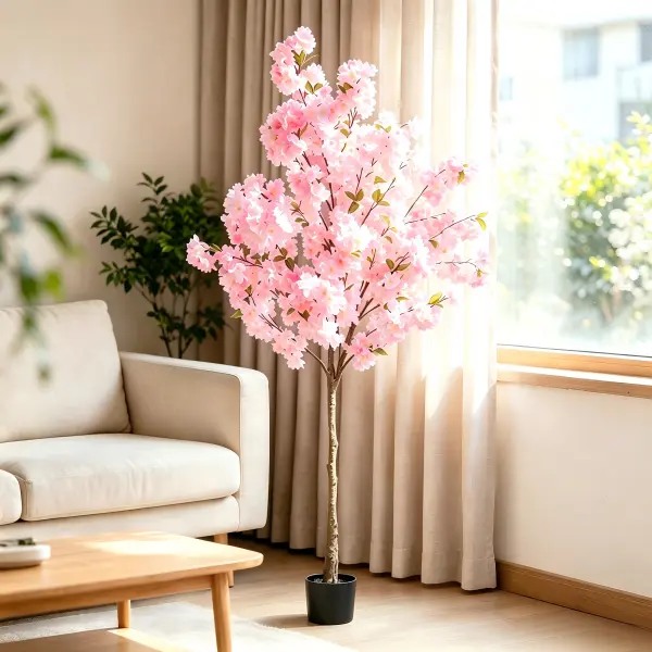 Artificial Cherry Blossom Tree 5ft, Pink Lifelike Faux Cherry Tree with Planter, Fake Floral Tree for Indoor Outdoor Home Living Room Porch Wedding Party Decor