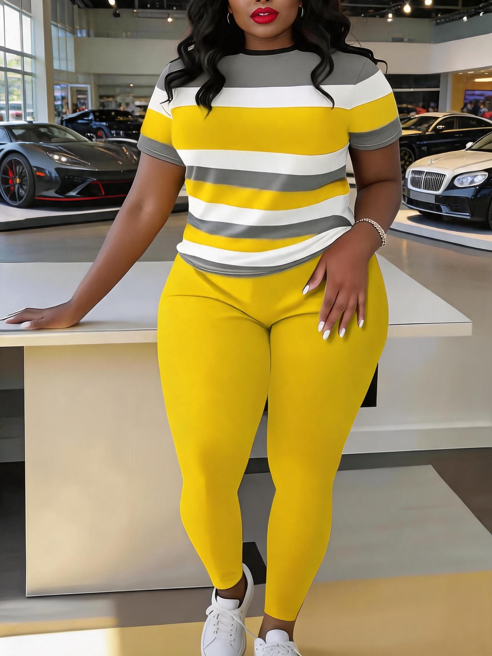 Women's Plus Size Striped Print Short Sleeve Top & Pants Two-piece Set, Casual Fashion Cozy Round Neck Top & Trousers for Daily Outdoor Wear