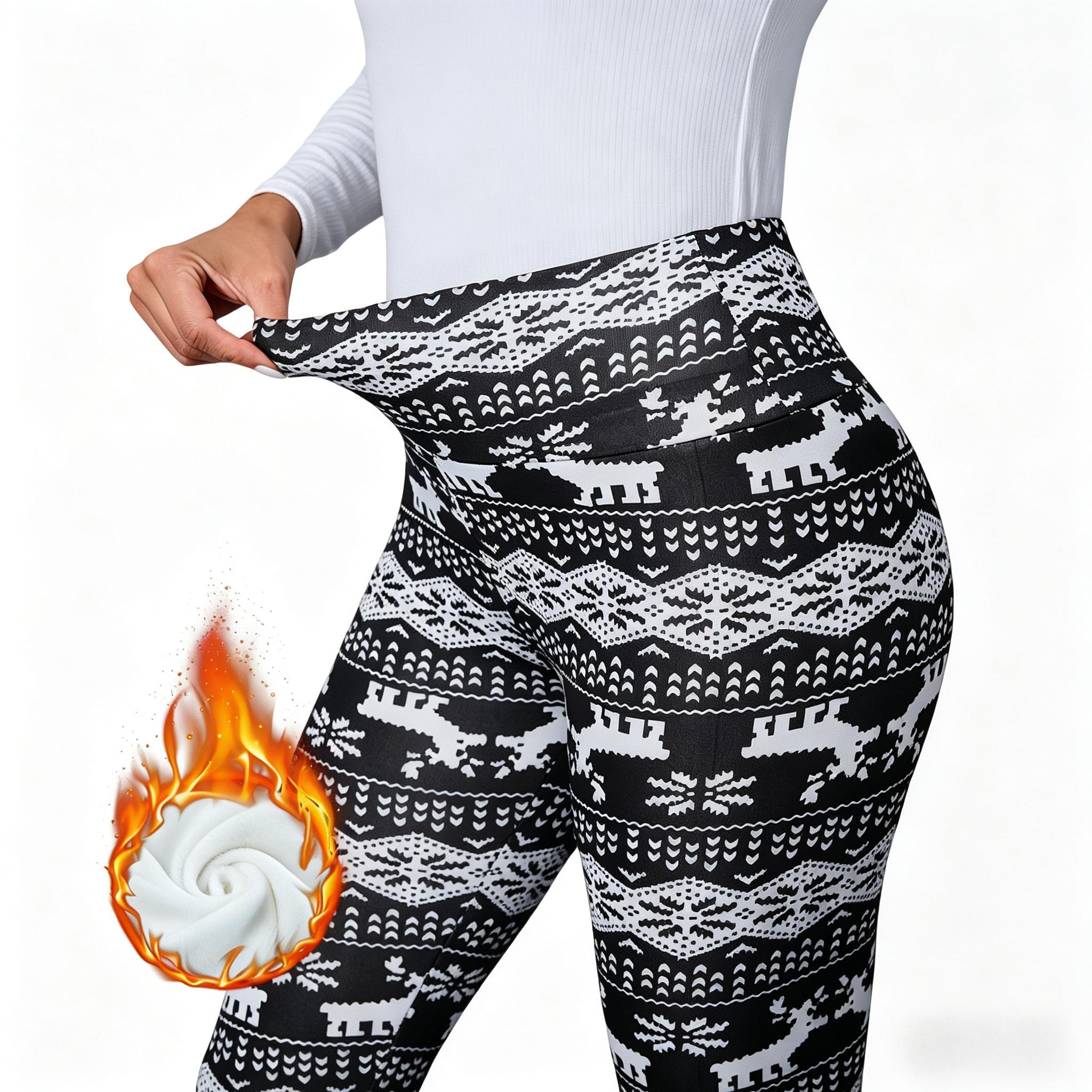 Women's Winter High Waist Plaid Fleece Lined Pants with Snowflake & Reindeer Pattern Elastic Warm Lamb Velvet Nine-Point Leggings Casual Fashion Fit S-XXL