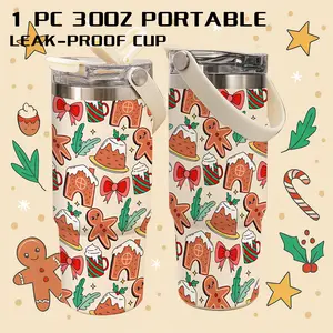 1 Pc 30 Oz Christmas Gingerbread Vacuum Tumbler with Handle, 2-in-1 Flip Lid, Leak-Proof, Double-Wall Insulated, Easy Carrying, Cute and Fun Style, Keeps Hot 12H/ Cold 24H, Holiday Gift for Women, Teachers, Friends, Perfect for Office, Home or Car.