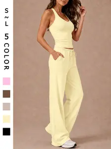 Women's 2 Piece Workout Set, Gym Workout Clothes, Tank Top and Wide Leg Pants Cooling Quick Dry Breathable Four Way Stretch Racerback with Adjustable Drawstring Pants Removable Pads Yoga Set for Gym Shopping Airport Casual Activewear Fitness Outfit