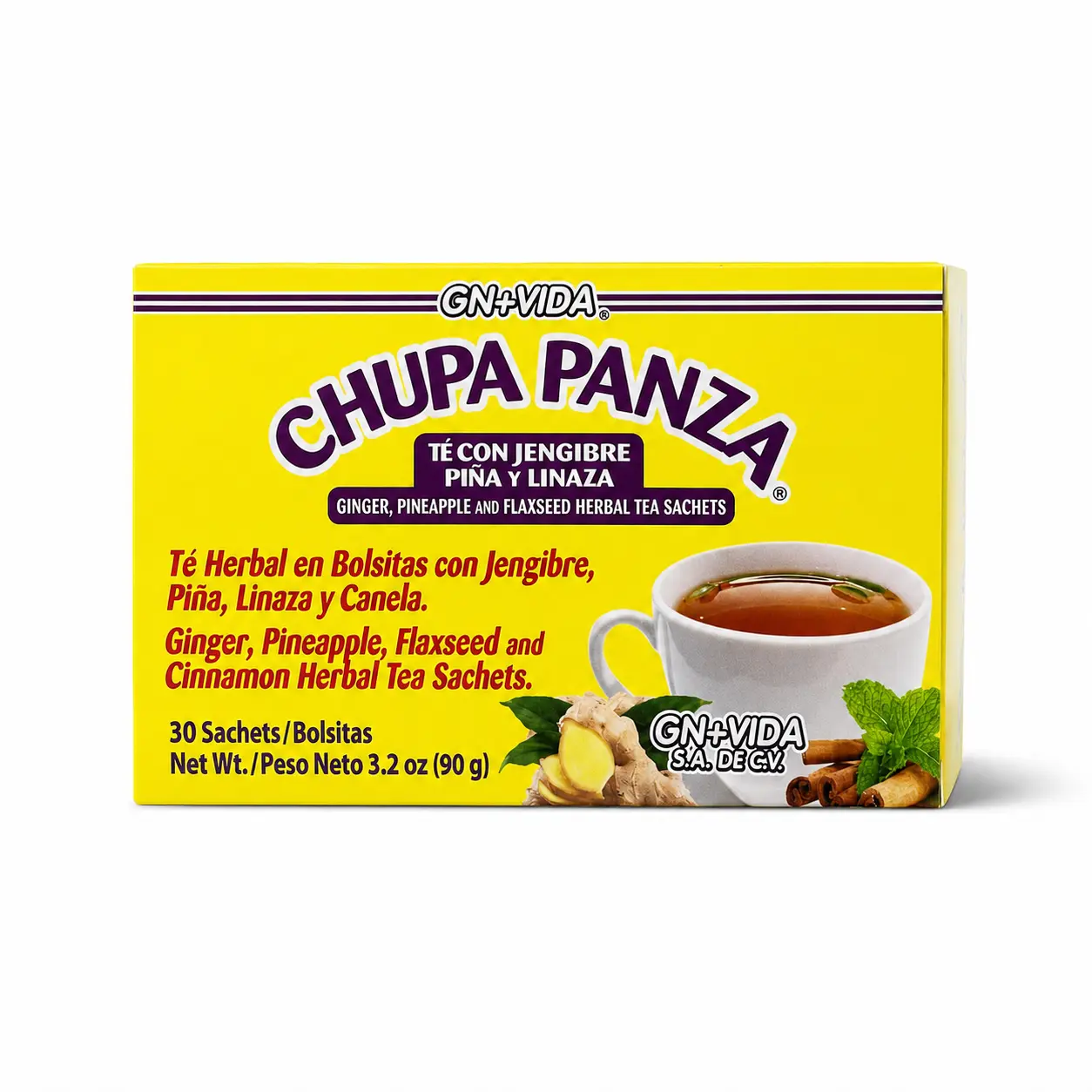 Tea CHUPA Panza, Tea Based ONGINGER Root, PINNEAPPLE, Flaxseed & Cinnamon (30 Tea Bags/0.10 oz Each)