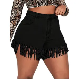 Women's Plus Size High Waist Zipper Fly Fringe Denim Shorts with Pocket