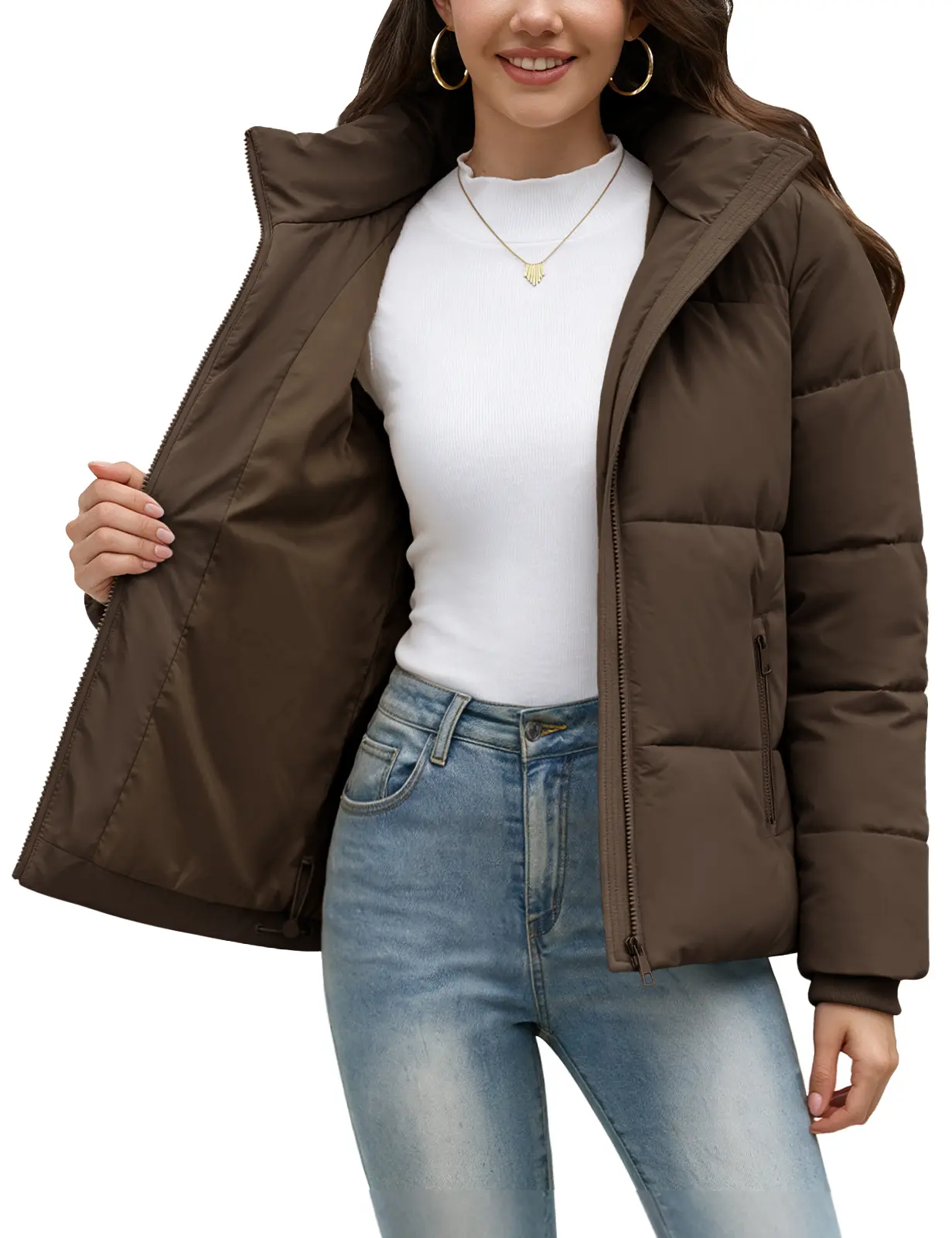 Women's Short Puffer Winter Jacket, Detachable Hood, SBS Zipper, Water Repellent 100% Polyester Fabric, Windproof Ribbed Cuffs, Secure Zip Pockets Casual Warm Outerwear for Daily Outdoor Wear