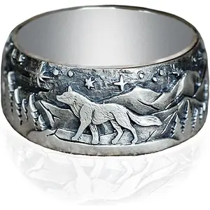 Wolf Rings for Men & Women - Silver Plated Stainless Steel Retro Norse Viking Vintage Wolf Head Punk Rings