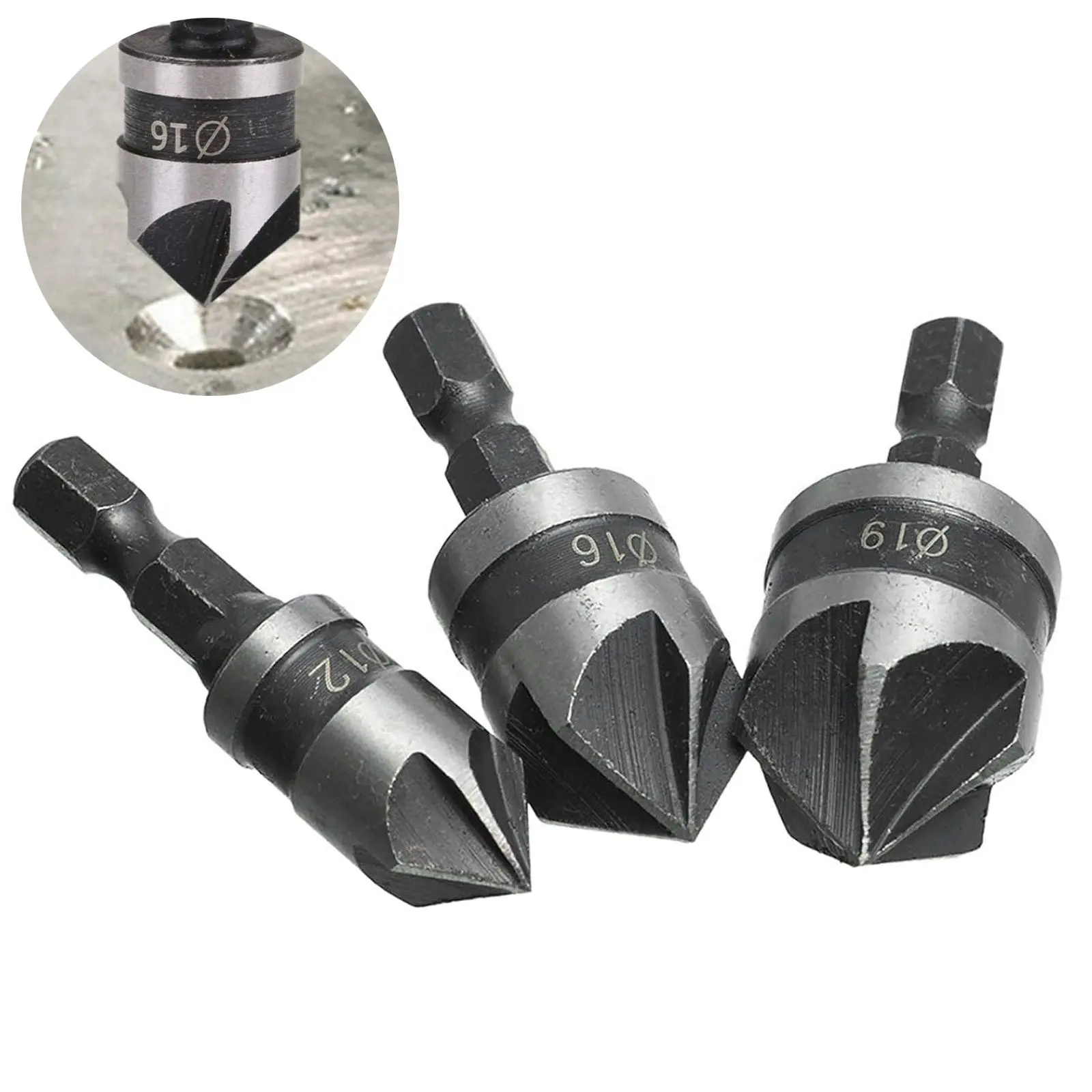 Woodworking Countersink Drill Bit Set, 5-Flute 90-Degree Center Counter Sink Drill Bit Set, Power Tool Accessories for Wood Plastic Aluminum Chamfering