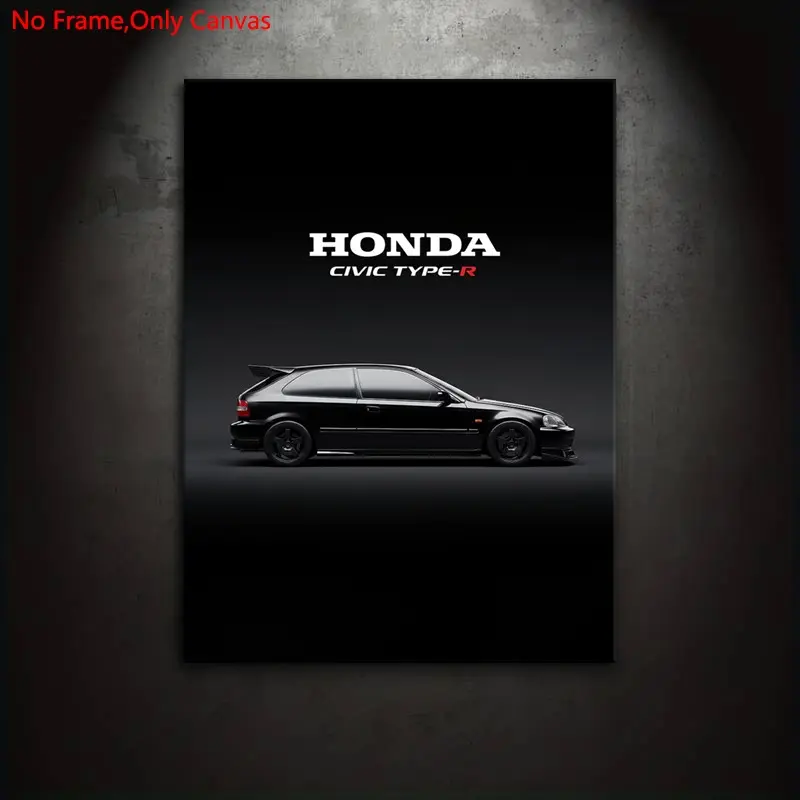1 Piece/Set Frameless Canvas Print Poster, Unframed Art Print, Classic Prints, Classic Minimalist Industrial Pop Art, Performance Car EK9 Civic Type R 1997 Black, Gift for JDM Fans, Bedroom, Study, Office, Living Room, Wall Decoration, Room Decor