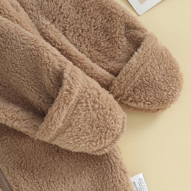 Newborn Baby Boys Girls Winter Jumpsuit Cute Bear Snowsuit Fleece Long Sleeve Footed Hooded Zipper Romper Winter Coat Outwear Warm Outfits