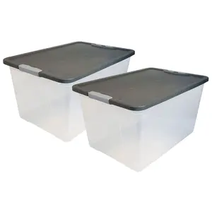 Homz 64Qt Stackable Plastic Storage Bin Container Box w/Latch Lid, Gray (2 Pack) Household Organiser
