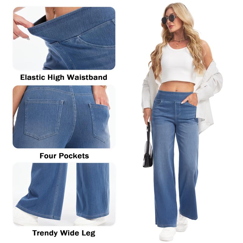 YUCOLEN Wide Leg Stretchy Jeans for Women Loose Fit Elastic High Waist Pants Pull On Baggy Fit Jeans Tummy Control Trousers Casual Work Wear (Regular Inseam)