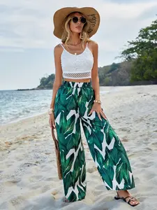 Boho Style Autumn New Fashion Leaf Print Loose Fit Casual Elastic High Waist Wide Leg Pants, Trendy Long Trousers for Women
