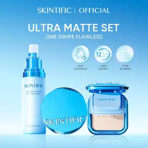 SKINTIFIC Ultra Matte Set 3PCS - Long Lasting Cushion, Powder Foundation & Setting Spray, 16H Oil Control, Poreless Soft Matte Finish, High Coverage & Waterproof Makeup Kit for Oily Skin