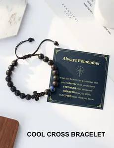 Cross Beaded Bracelet with Blue Tiger Eye – Christian Gift for Teen Boys & Men, Son, Grandson, Nephew, Brother – Baptism, Confirmation, First Communion Birthday, Graduation, Christmas Gifts, inspirational message card gift Black Onyx