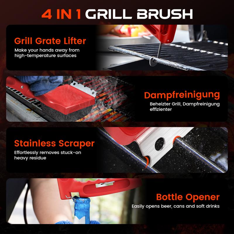 Anjure 4-in-1 Bristle-Free Grill Brush 18.8" Steam Grill Cleaner with Scraper & Bottle Opener Long Non-Slip Heat-Resistant Handle for Efficient Cleaning