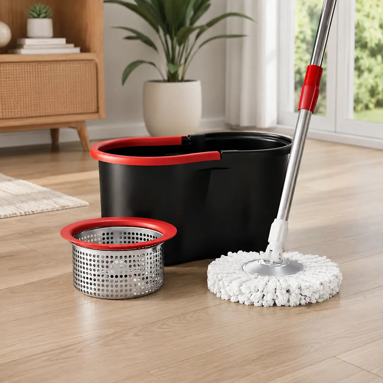 Spin Mop and Bucket Set with Wringer, 360° Rotating Microfiber Floor Cleaning System, Hands-Free Spin Mop, 3 Washable Mop Heads, Wet & Dry Mop for Hardwood, Tile, Laminate & Vinyl Floors