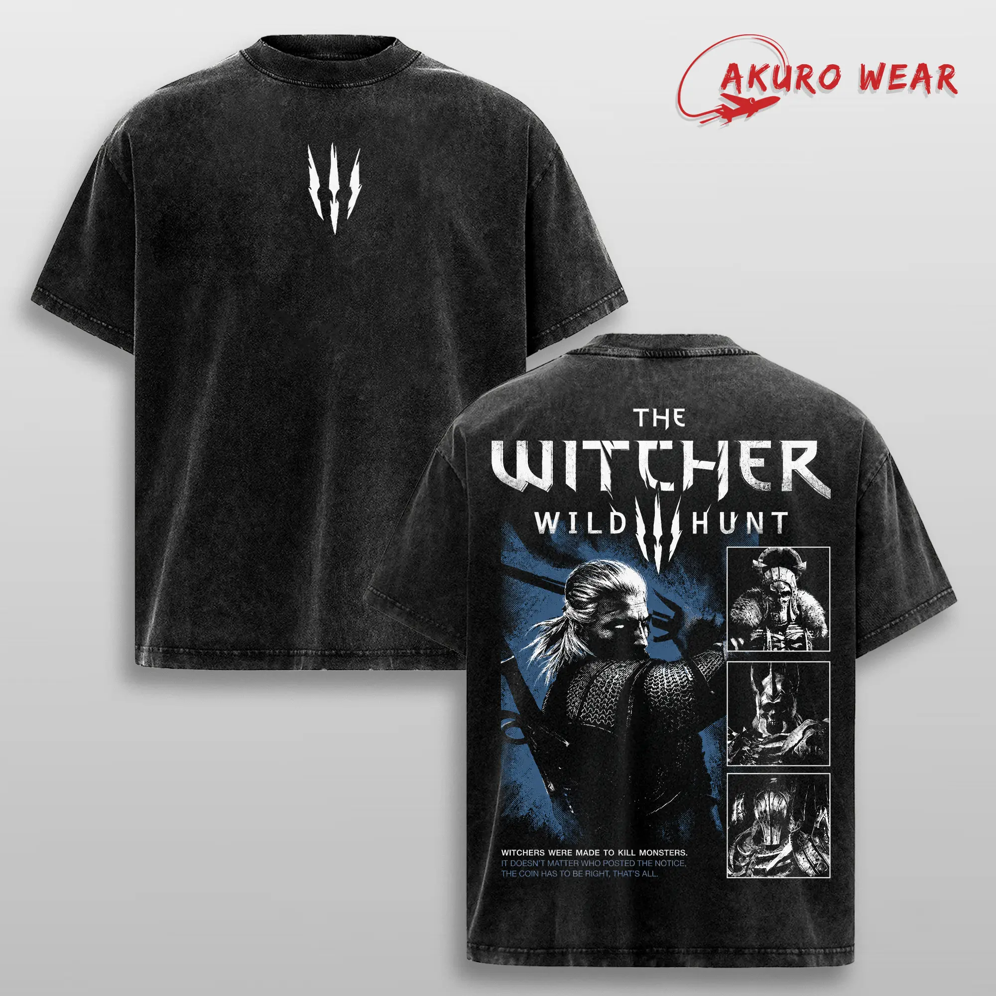 The Witcher 3 Wild Hunt Geralt of Rivia Vintage Washed Graphic Tee Double Sided Heavyweight Cotton Shirt