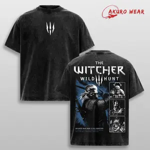 The Witcher 3 Wild Hunt Geralt of Rivia Vintage Washed Graphic Tee Double Sided Heavyweight Cotton Shirt