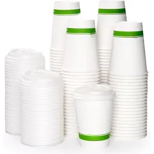 100 Count 12 oz Compostable Paper Coffee Cups, Biodegradable Disposable Coffee Cups with CPLA Lid,  Hot Drinking Cups for Party, Picnic, Travel, and Events