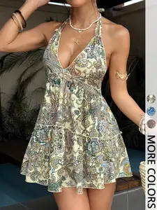 Women's Paisley Print Halter Neck Mini Dress - Bohemian Ruffle Hem Backless Sleeveless Ruched Ruffled Tiered Dress for Beach & Music Festivals | Trendy Baddie Aesthetic, Viral TikTok Dress-Vacations & Casual Outings | Y2K Fashion, Boho Casual Clothes