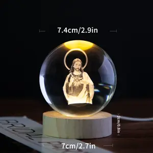 Jesus 3D Crystal Ball with LED Wooden Base – K9 Glass Sphere Christian Religious Decor, Glow Light Home Ornament Gift