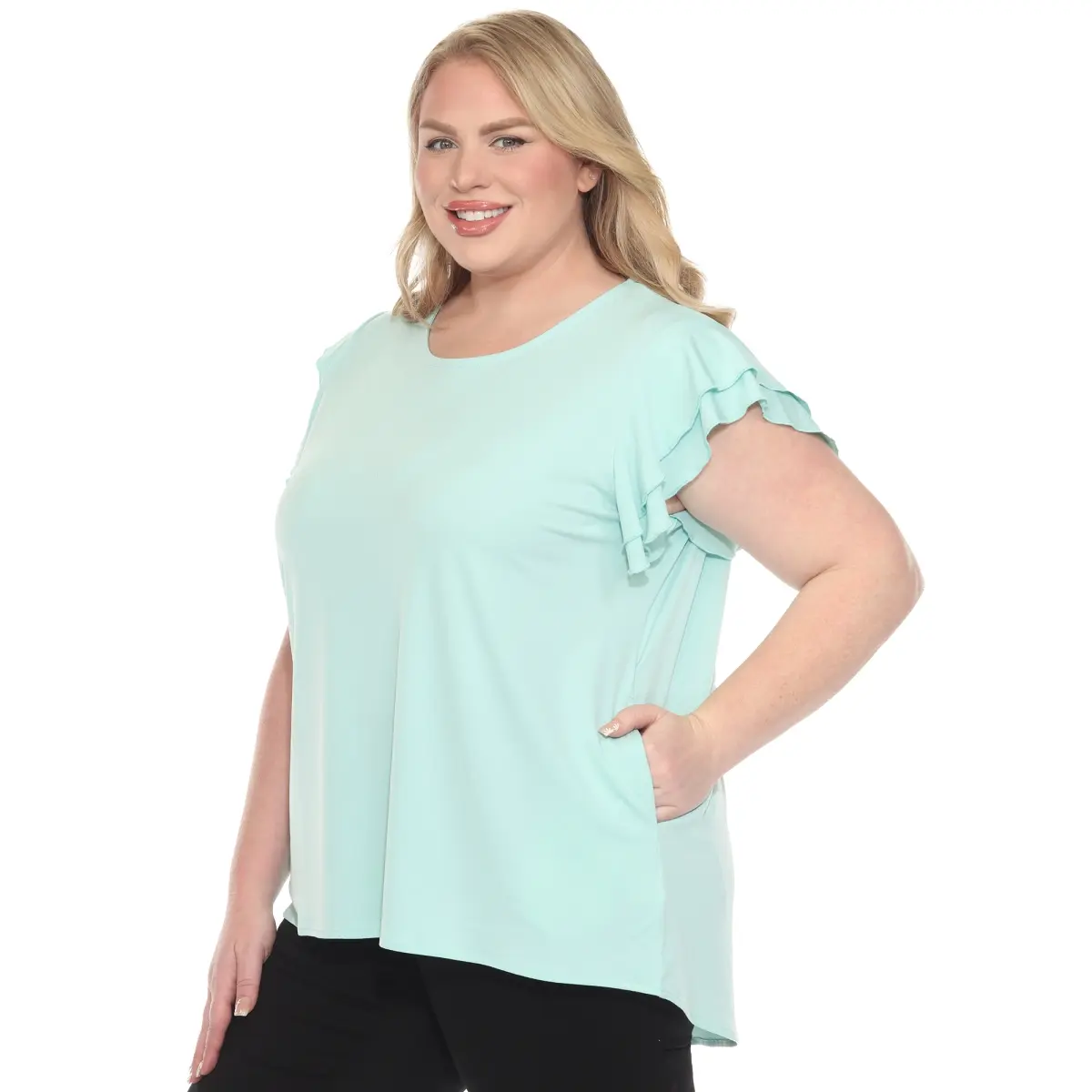 212 MAIN Women's Plus Size Turquoise Solid Round Neck Blouse - Loose, Soft, Basic, Casual, Short-Sleeve, Ruffled, Lightweight, Essential Feminine Everyday Style Clothes, PS1235-13-2X, 2X