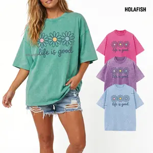 Holafish Acid Wash Tee for Women Cotton Trendy Graphic T-Shirt Drop Shoulder Design for Vintage Streetwear Unisex Baggy Hip Hop Style Acid Washed Graphic Tee Mother's Day Gift summervibes