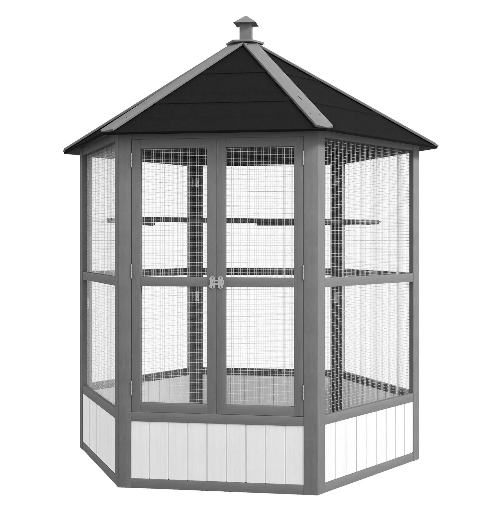 69" Outdoor Aviary, Wooden Hexagonal Bird Cage, Weather-Resistant, Light Gray - Large Parrot Flight Cage with Covered Roof