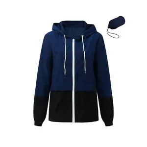 Color Block Hooded Windbreaker - Packable Women's Rain Jacket with Drawstring
