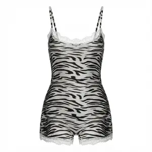 Lunaclo Women's Tiger Print Lace Trim Camisole & Shorts Set – Soft Stretchy Quick-Dry Sleepwear for Nightwear & Lounge, Sexy Elegant Pajama Set, Breathable & Lightweight