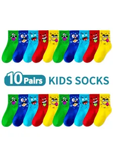 10 Pairs Kids Mid-Calf Cartoon Expression Colorful Socks, Soft Breathable All-Season Sports Socks for Boys and Girls, Elastic Socks