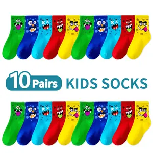 10 Pairs Kids Mid-Calf Cartoon Expression Colorful Socks, Soft Breathable All-Season Sports Socks for Boys and Girls, Elastic Socks