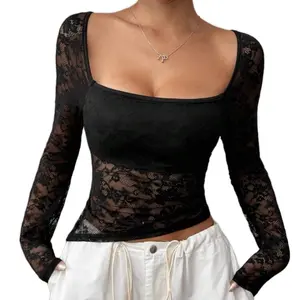 Women Square Neck Long Sleeve Solid Casual Fitted Blouse, Suitable For Leisure Vacation Valentine Day Lips