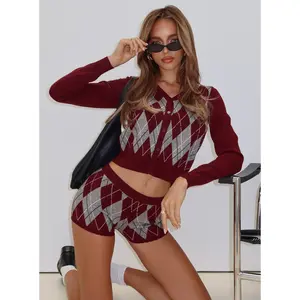 Raiven Knit Cardigan Burgundy Argyle