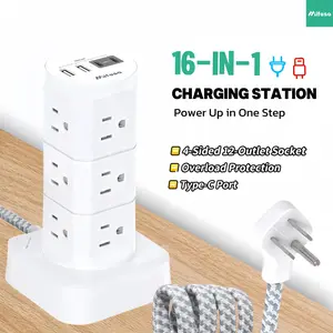 Fathersdaygift MIFASO 16-in-1 Power Strip Tower with 12 AC Outlets 4 USB Ports (2 USB-C), Surge Protection, Overload Protection, Flat Extension Cord – Ideal for Home, Office, Dorm