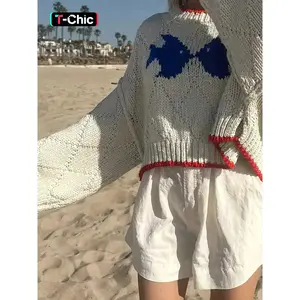 Women's Fish Pattern Long Sleeve Loose Pullover Sweater, Soft & Cozy Knitwear for Fall Winter, Casual Elegant Everyday Daily Wear TopRAIMENTRY