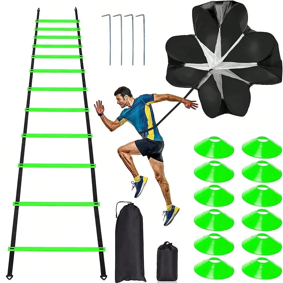 Pro Speed & Agility Training Set—Includes 12 Rung 20ft Adjustable Agility Ladder with Carrying Bag, 12 Disc Cones, 4 Steel Stakes, 1 Resistance Parachute, Use Equipment to Improve Footwork Any Sport,summerwins