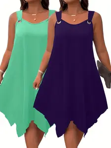 Women's Spring Summer Sleeveless Straps Dress Set, Casual Plain Design, Irregular Hem, Fitted Style, Daily Wear, 2 Pieces