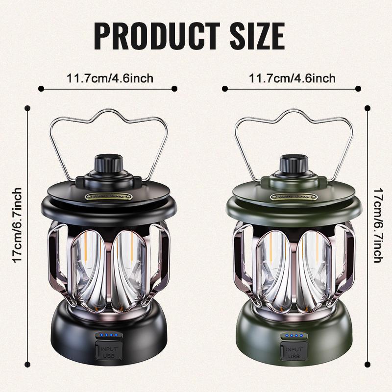 Vintage-style camping lamp, atmospheric portable lantern, flashlight with a metal hook for hanging, USB rechargeable with power output function, very suitable for fishing, household power outages, desktop lighting and emergency lighting