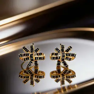 2026 Trendy Black Baguette Rhinestone Palm Leaf Stud Earrings for Women 14K Gold Plated Luxury Fashion Statement Earrings for Daily Wear Date Night Party Vacation Holiday Birthday Anniversary Gift Aesthetic Viral TikTok Dainty Jewelry