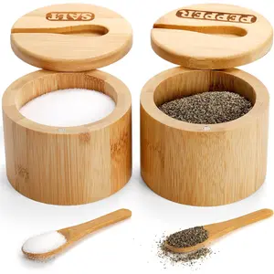 Lawei 2 Pack Bamboo Salt and Pepper Bowls, Round Salt Container with Magnetic Swivel Lids and Spoons, Bamboo Salt Cellars, Seasoning Storage Holder Box for Salt, Pepper, Sugar, Spice