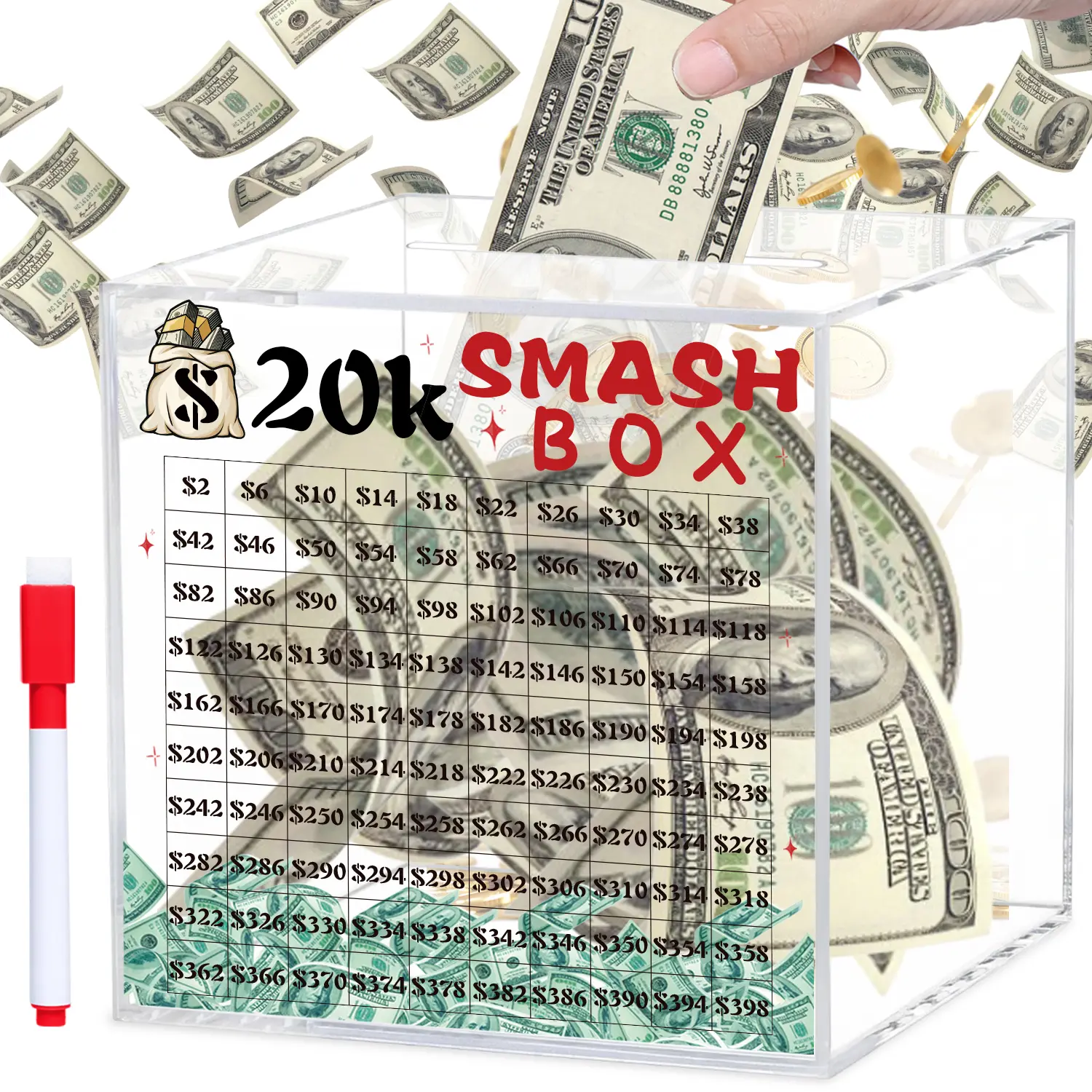 20k Smash Box for Money, Large Piggy Bank For Adults 20000 Savings Challenge Box, Money Saving for Cash, Big Unbreakable Clear Acrylic Money Saver Must Break to Open