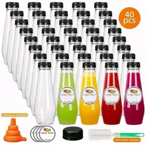 40-Pack 12-Ounce Juice Bottles, Lidded Empty Plastic Juicing Bottles, Cone-Shaped Reusable Transparent Bulk Beverages Containers for Juicing, Drinking, Smoothies, Tea, and Other Beverages