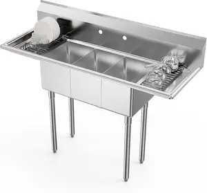 ROVSUN Commercial Sink, Stainless Steel Sink with 2 or 3 Compartment and 2 Sides Drain Rack, 20" x 54" x 43.5" or  22" x 52" x 43.5" Freestanding Utility Sink, Great for Restaurant Kitchen Laundry Room Garage Sunroom