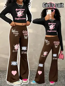 [Two-piece set] Girls' ballet coffee cup heart printed long-sleeves + love flared pants, a sweet and cool style spring and autumn Fashion streetwear set for older children, excluding necklaces and other accessories