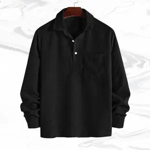 Men's corduroy half placket shirt with retro casual style, classic collar design, half placket button opening adds versatility and vintage charm, easy to wear and adjustable for a customizable neck fit. The corduroy fabric has a thick texture with a uniqu