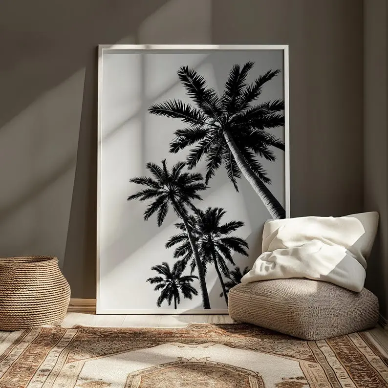 Palm Tree Print, Tropical Bathroom Wall Art, Black and White Beach Printable, Hawaii Poster, Minimalist Palm Tree Wall Art