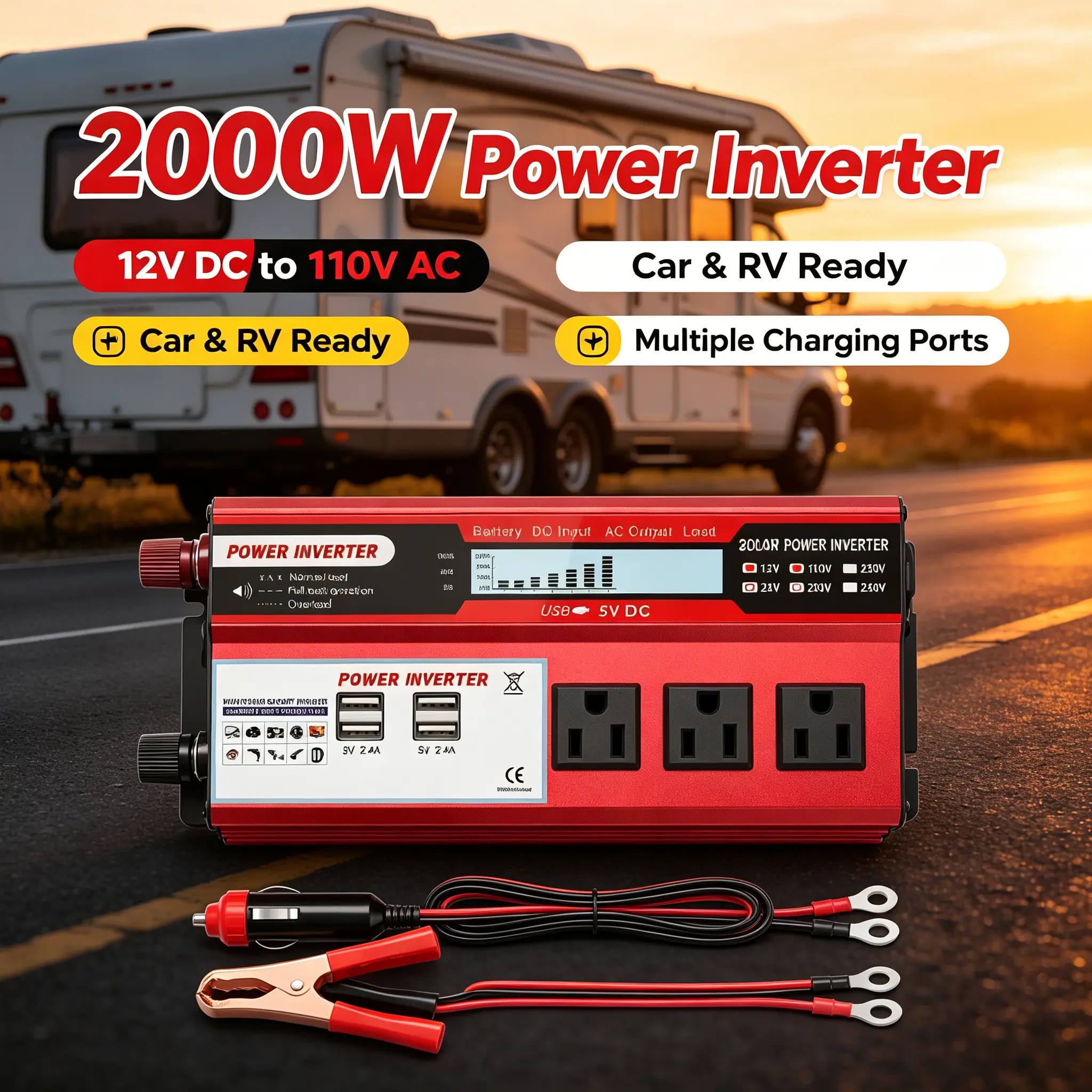 Heavy Duty Portable Car Power Inverter - Converts DC to AC, 3 AC Outlets, 4 USB Fast Charge Ports, Emergency Vehicle Power Supply for Camping & Outdoor Use, Rv, Fastcharge, Convertsdctoac, Outdooruse, Dc Power Supply