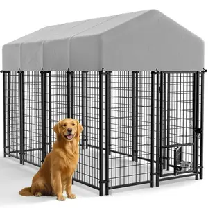 Warcat Large Outdoor Dog Kennel, Heavy Duty Welded Wire Steel Dog Playpen Fence with Secure Lock/UV-Resistant Waterproof Roof Cover/Rotaing Feeder Bowls AprilStockUp Mother'sDay